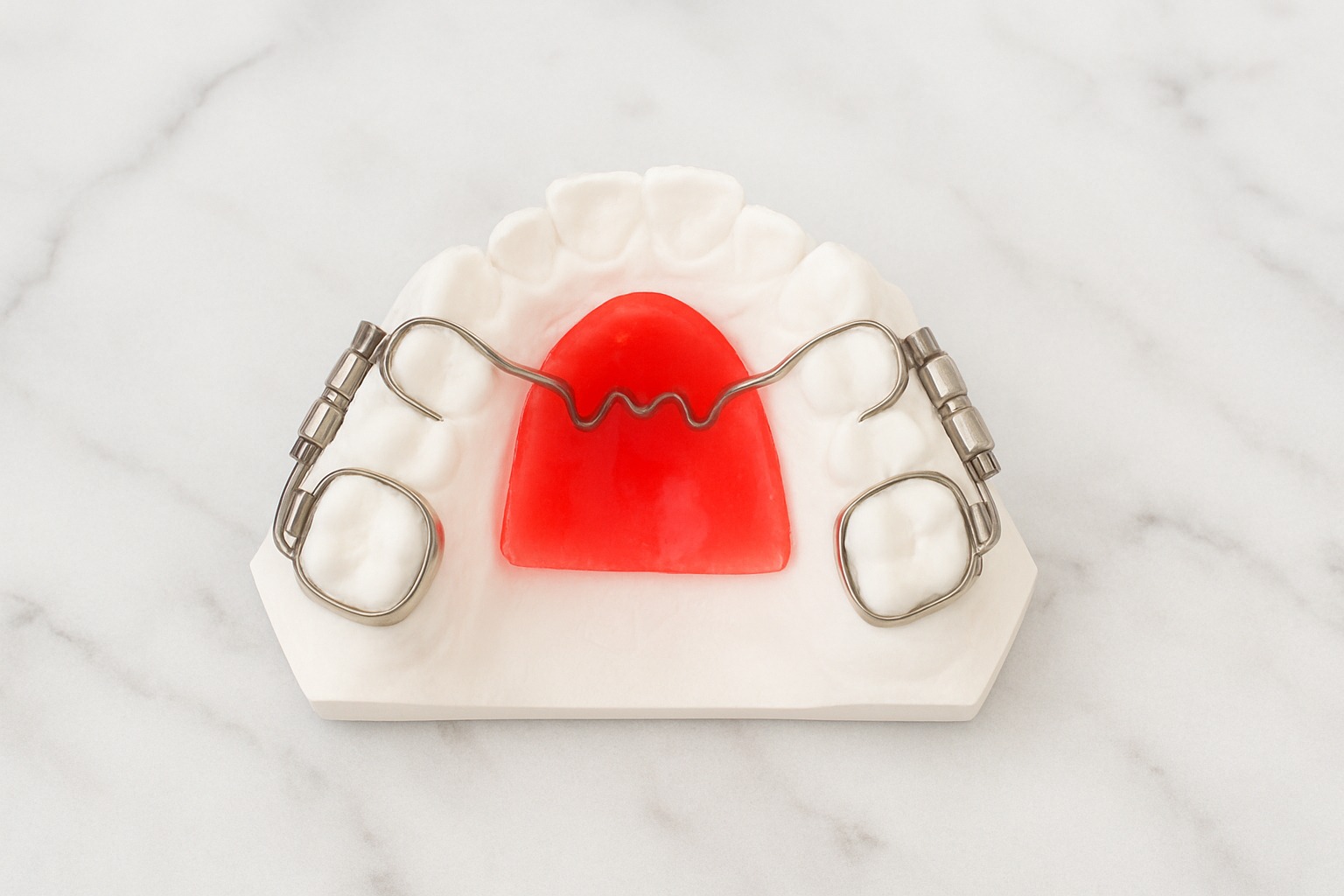Hawley retainer model showcasing sturdy design with adjustable components, red acrylic pad, and metal wire framework, illustrating orthodontic appliance for maintaining tooth alignment.